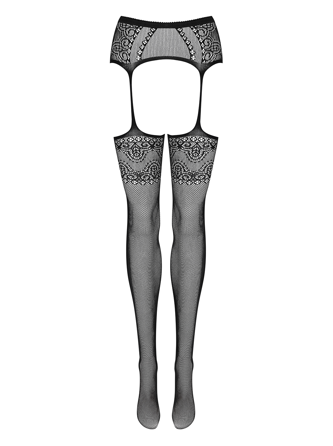 Damen Dessous Garter Stockings schwarz Strapsgürtel mit Strümpfen ouvert elastisch OneSize S-L