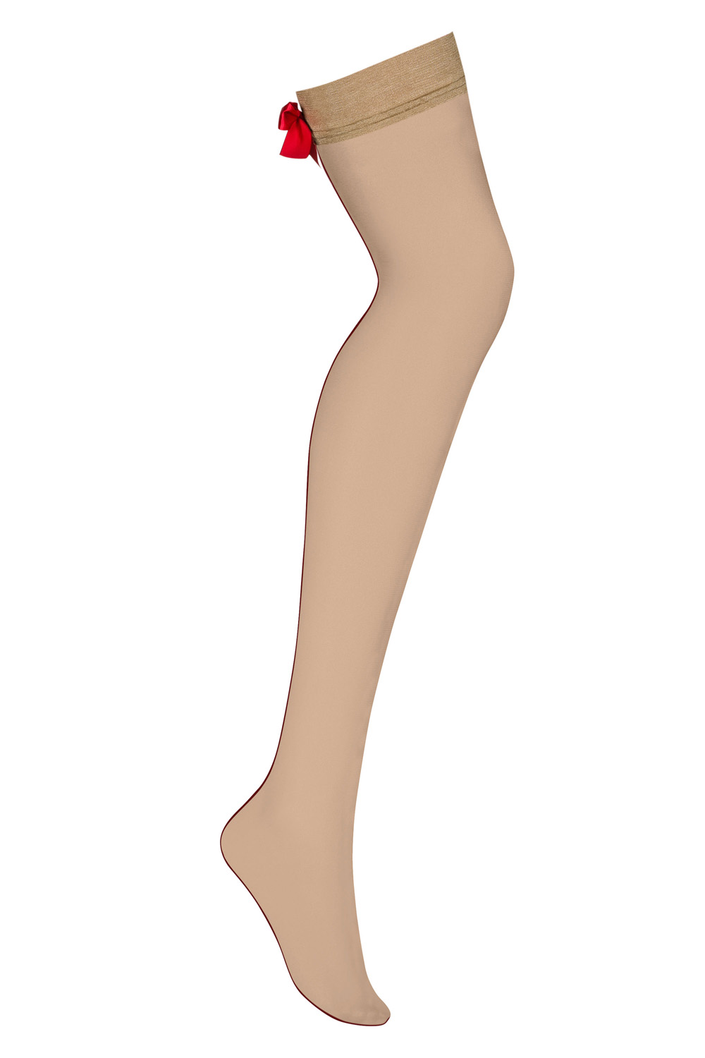 Beige Erotische Stockings Frauen Dessous Strapsstrümpfe Satinschleifen roter Streifen Satin Mesh Rot