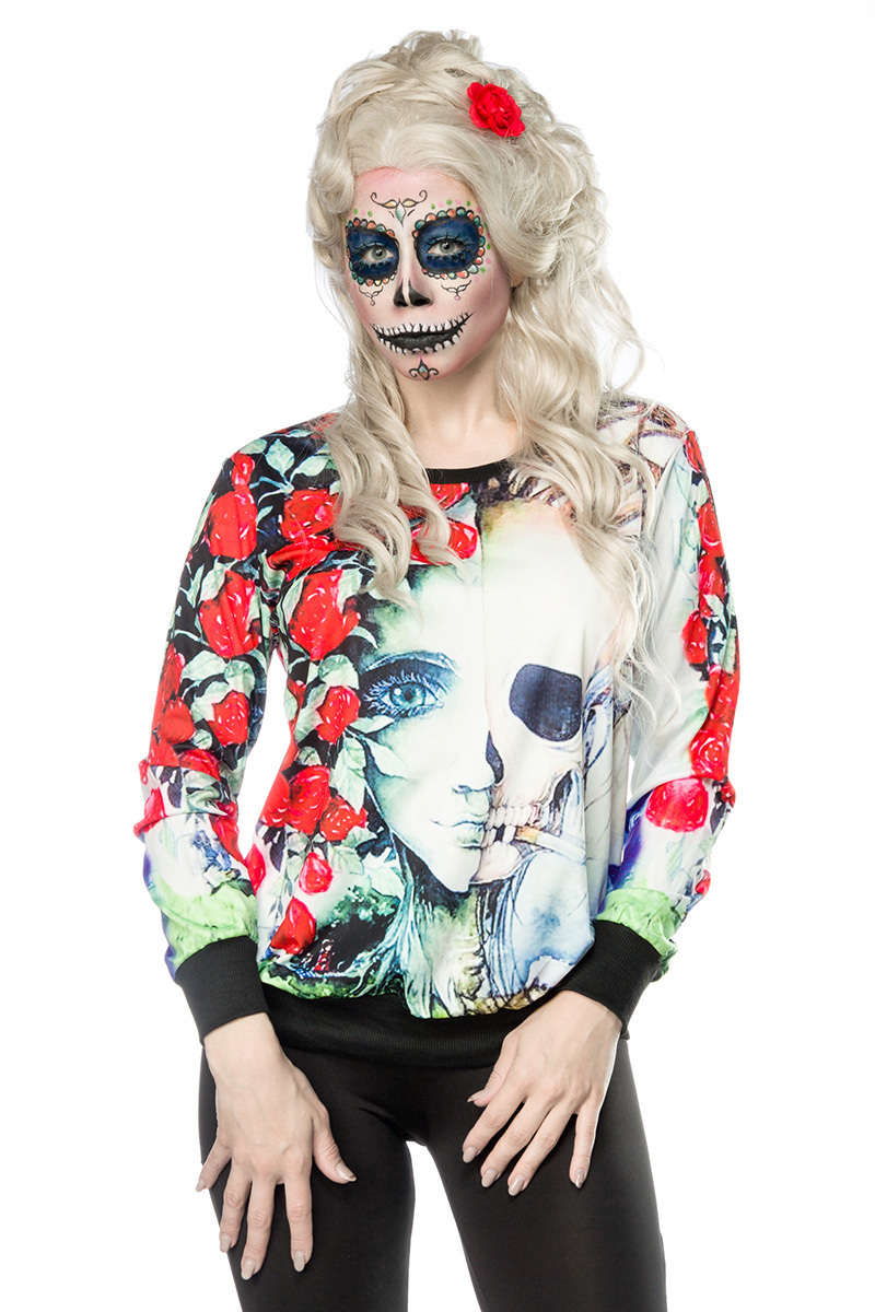Buntes Damen Geisterkopf Sweatshirt mit Geisterkopf und Rosen Print Sweatshirt Faschingsverkleidung 