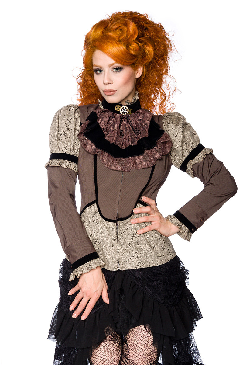 Braune Steampunk Bluse aus Samt und Spitze im Paisley Muster mit abnehmbaren Stehkragen Zahnräder Ja