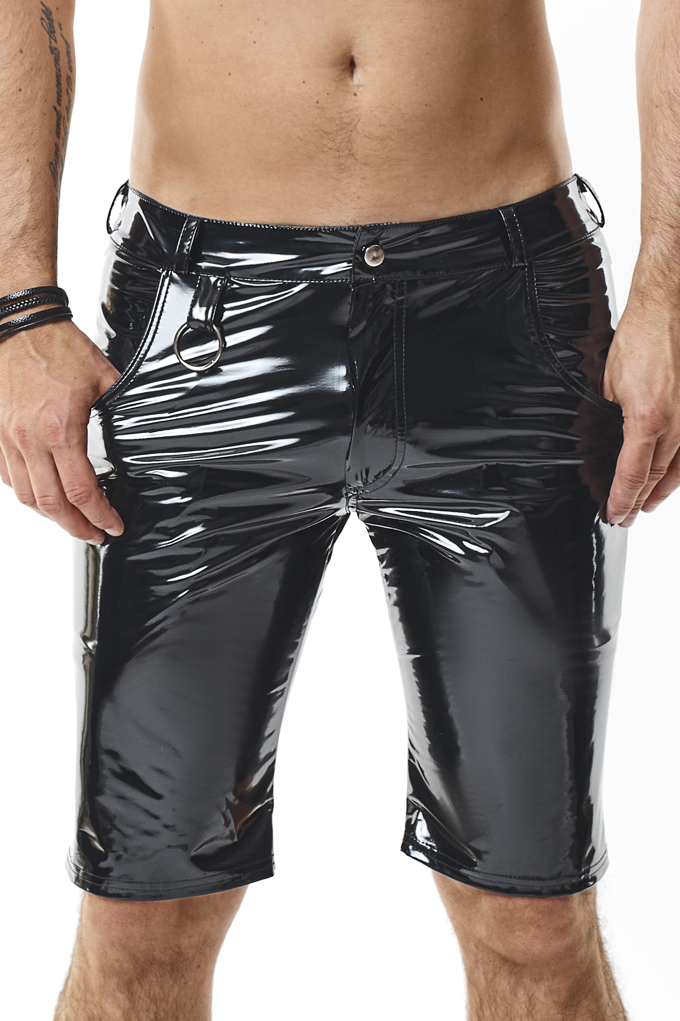 Herren PVC Shorts skinny schwarz glänzend kurze wetlook Männer Hose elastisch mit Taschen, Knopf und