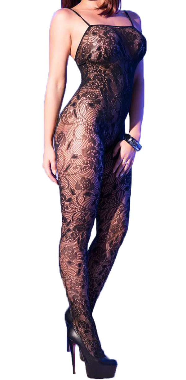 Damen Bodystocking in schwarz transparent mit floralem Muster ouvert elastisch One Size S/M