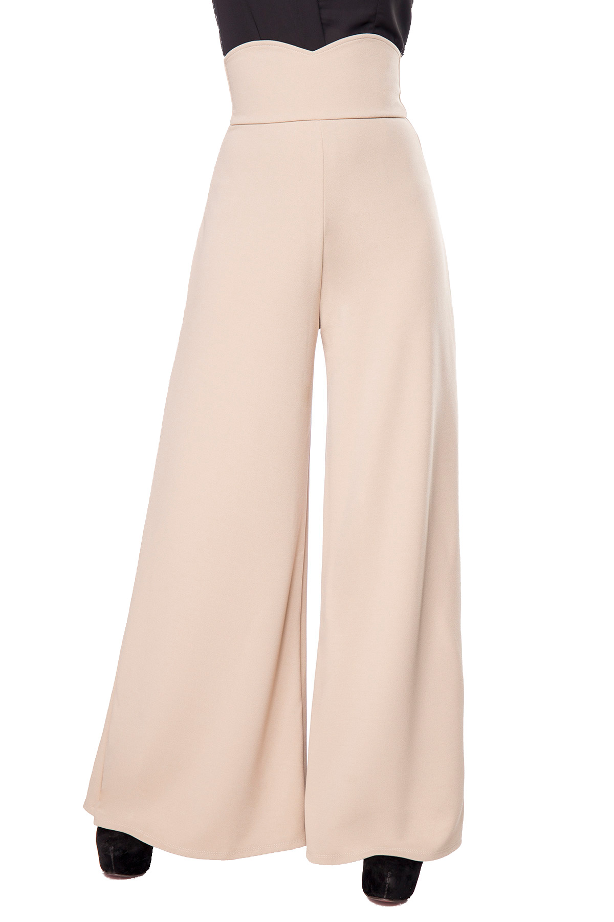 Beige weite Schlaghose herzförmiger Bundabschluss mit High Waist und Reißverschluss an der Hintersei