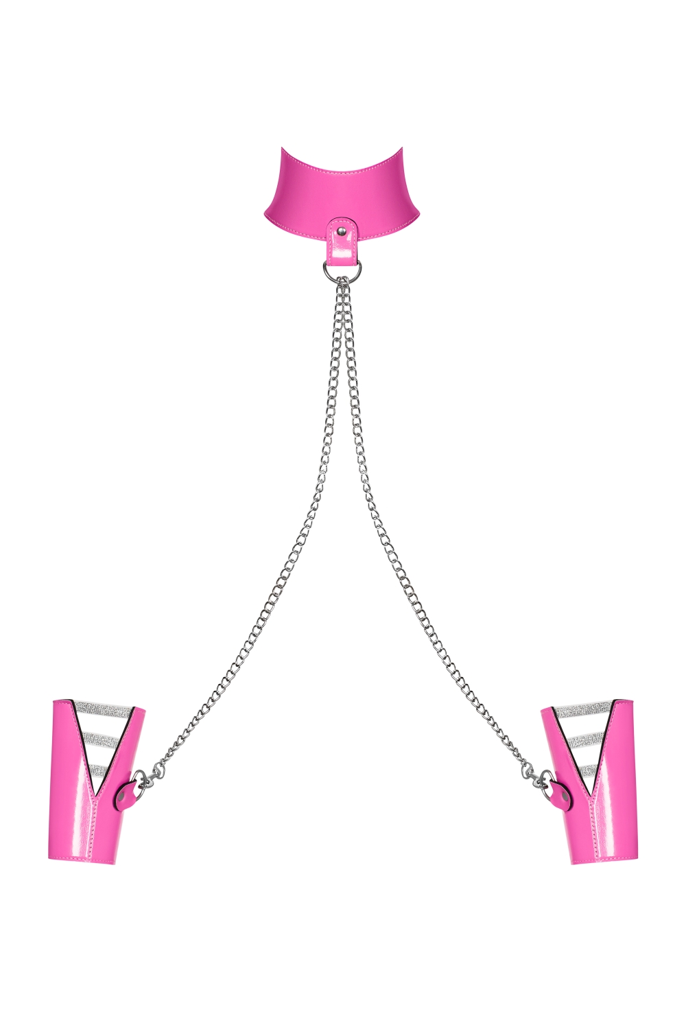 Frauen Dessous Lack Handschellen aus Halsband Choker und Metall Ketten Pink Metallring Bänder Größe: