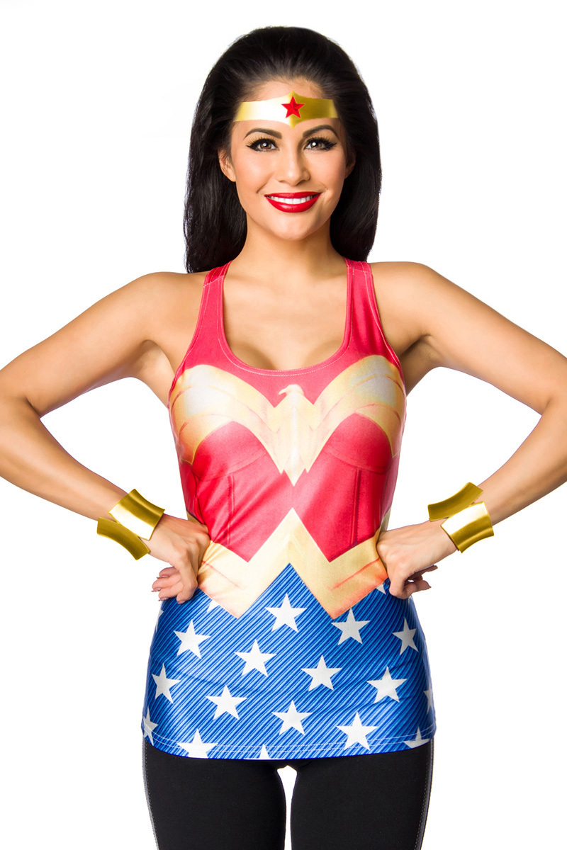 Buntes Damen Wonderwoman Top mit Sternen Print Fotoprint Faschingsverkleidung Outfit