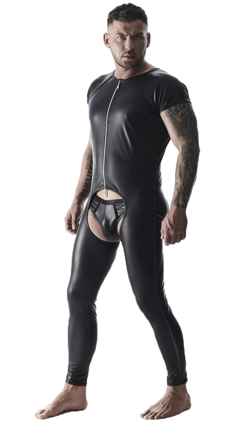 Herren fetisch Overall schwarz aus mattem Wetlook-Material mit vorderem Reißverschluss im Schritt ge