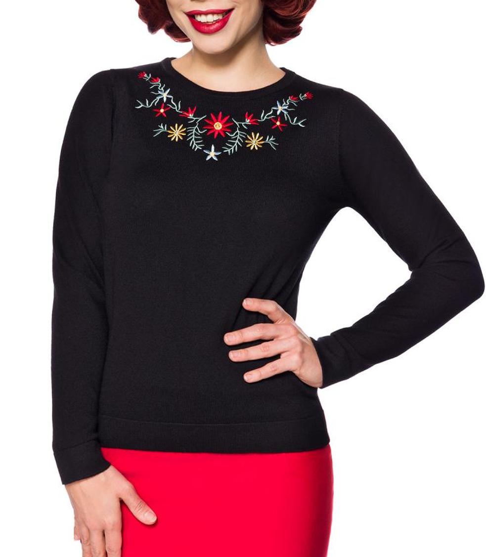 Schwarzer langer Damen Strick-Pullover mit langen Ärmeln und Blumenmuster Retro zum hochgeschlossen 