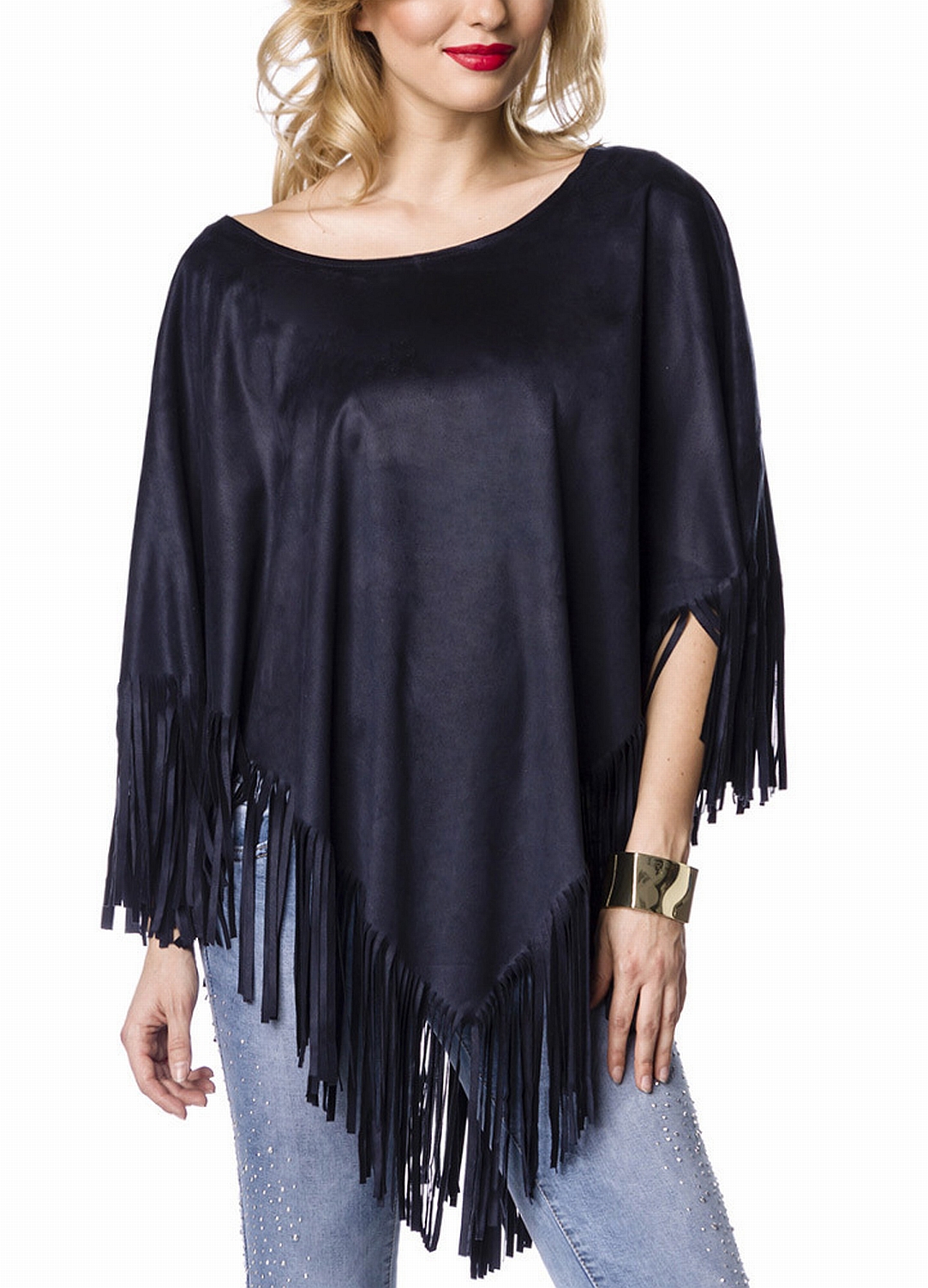 Blauer sommerlicher Damen Poncho mit Fransen in Wildlederoptik offen