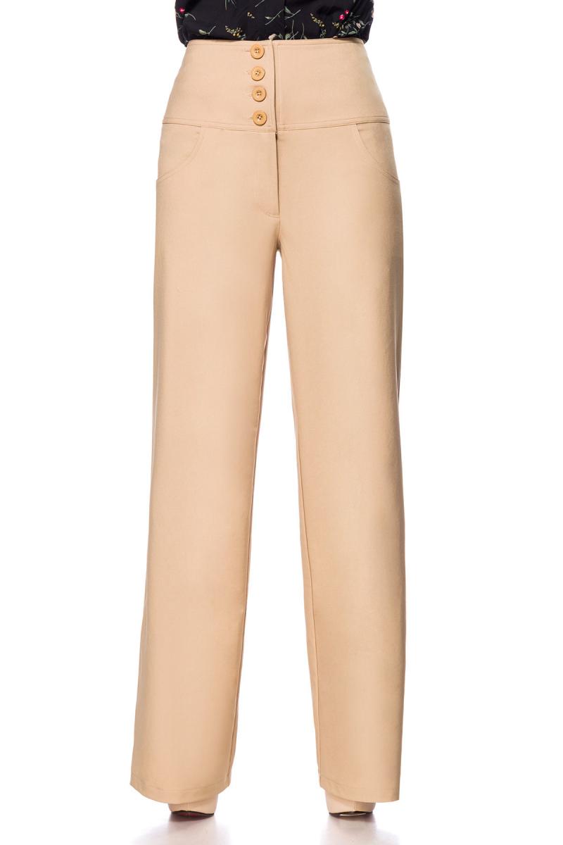 Beige weite Schlaghose mit High Waist und große Knöpfe Eingriffstaschen Marlenehose einfarbig Lange-