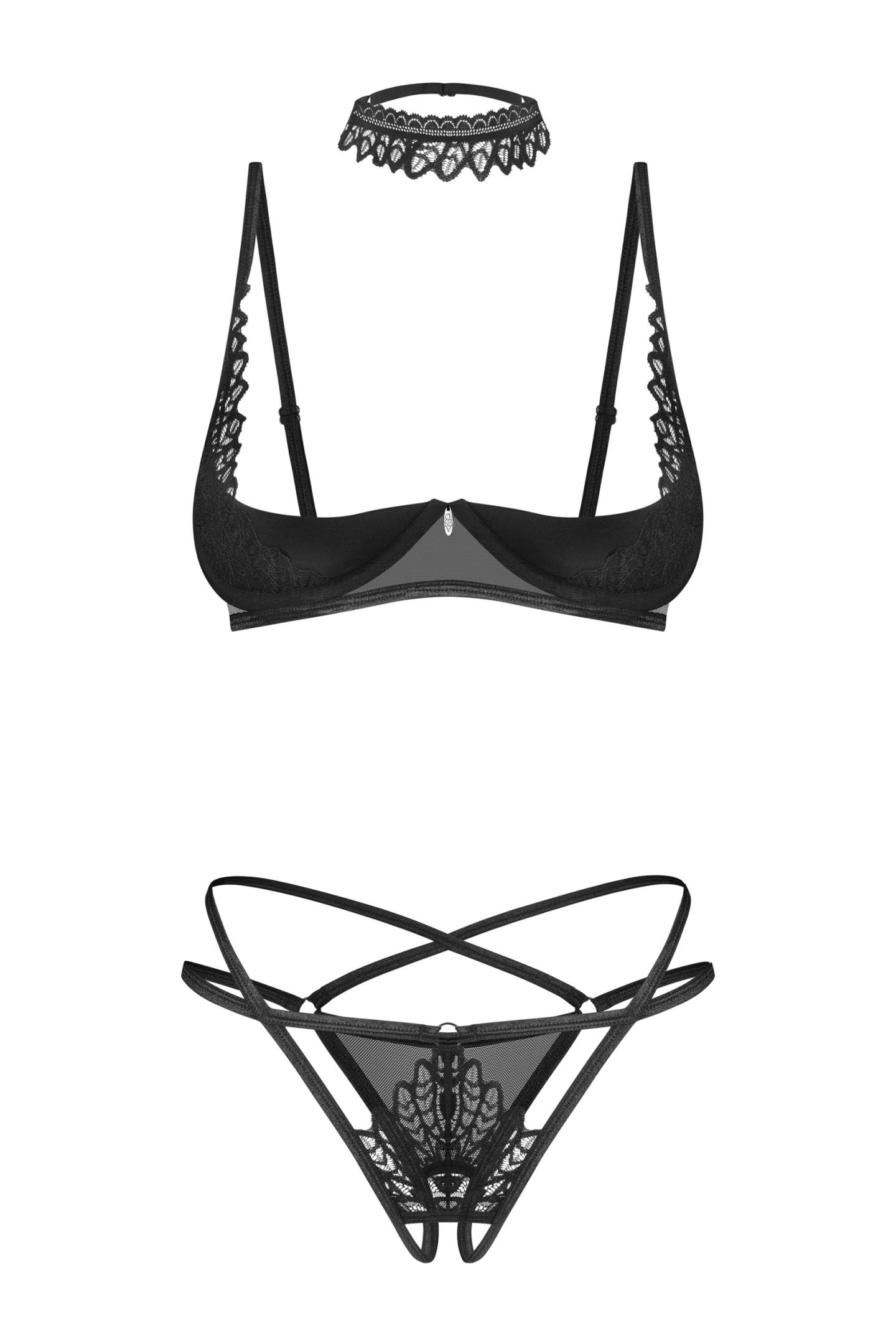 3-teilges Damen Dessous ouvert Set transparent aus Netzmaterial und Spitze Bügel-Hebe BH, ouvert Str