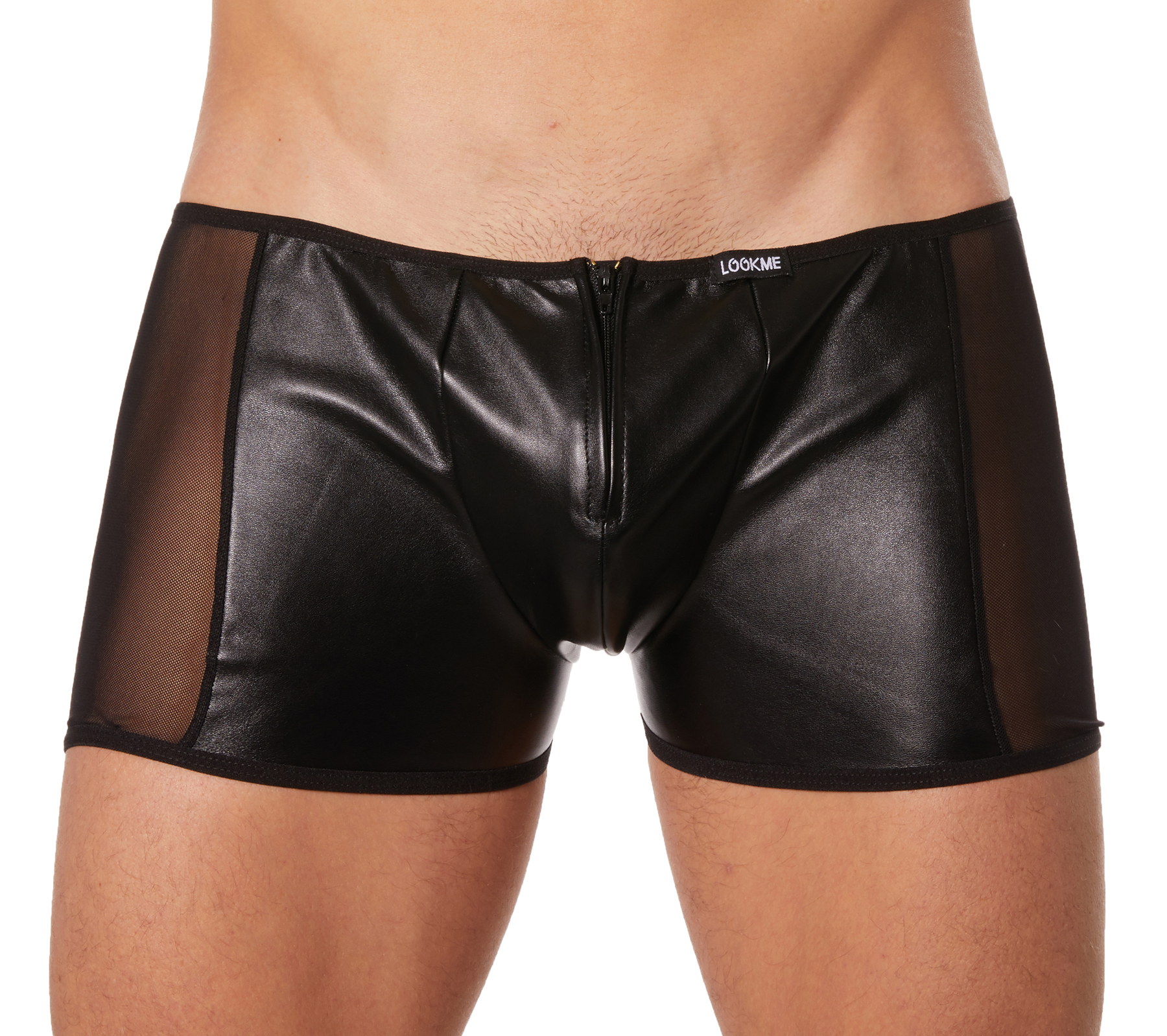 Erotischer Dessous Herren Boxer Short aus Kunstleder und Tüll mit Reißverschluss elastisch Slip