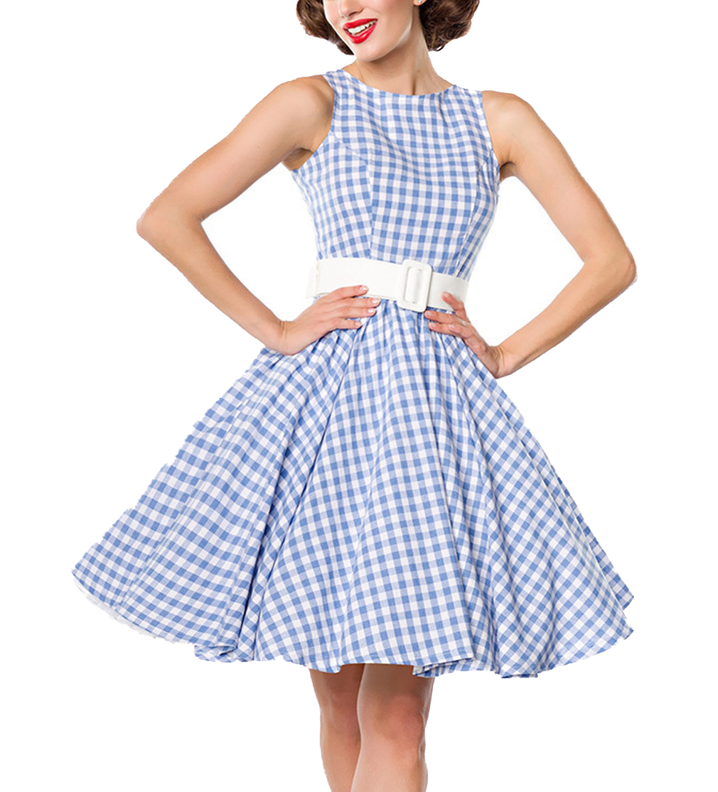 Blaues kurzes Swing Kleid im High Waist Schnitt mit Gürtel und Tellerrock weiß kariert und schulterf