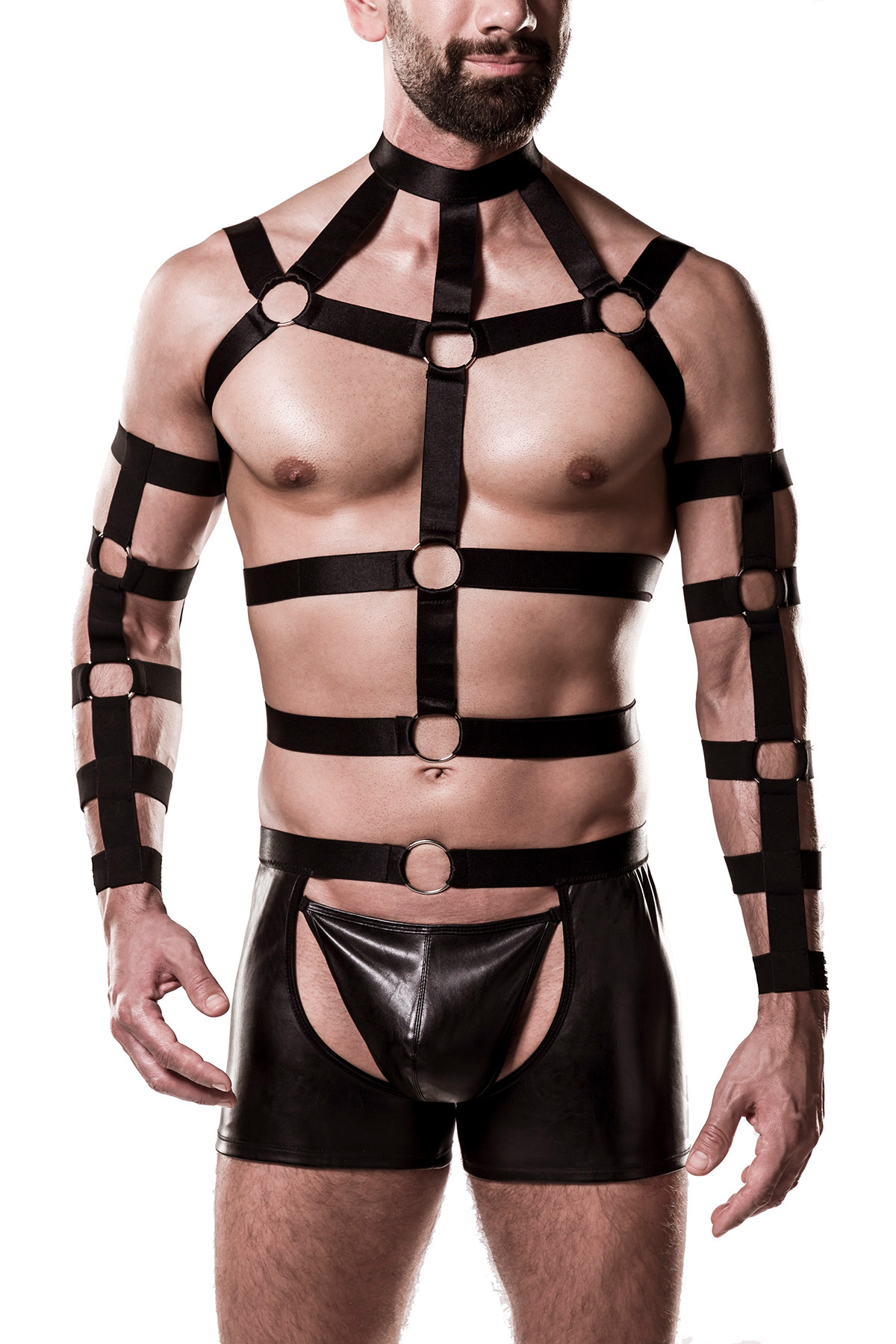 5-teilges Herren fetisch wetlook Harness-Set schwarz aus Harness Top, kurze Chaps, ein paar Armstulp