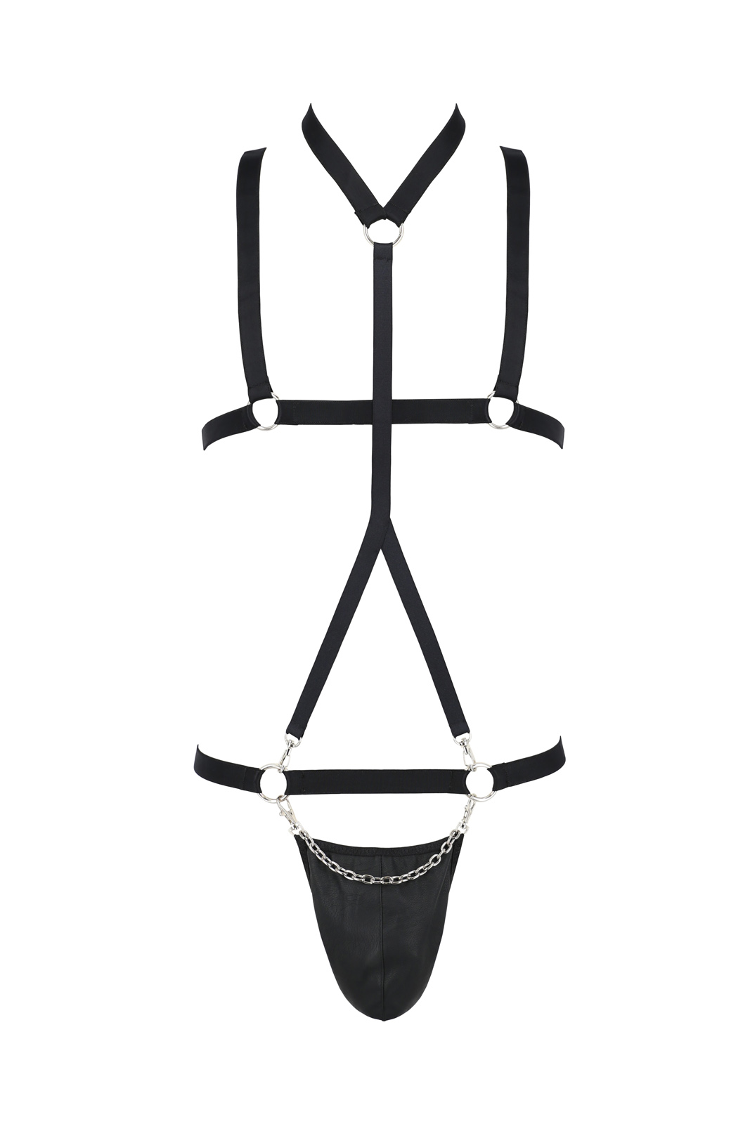 Schwarzes Herren Harness Set Männer Geschirr mit String aus Kunstleder und Ketten