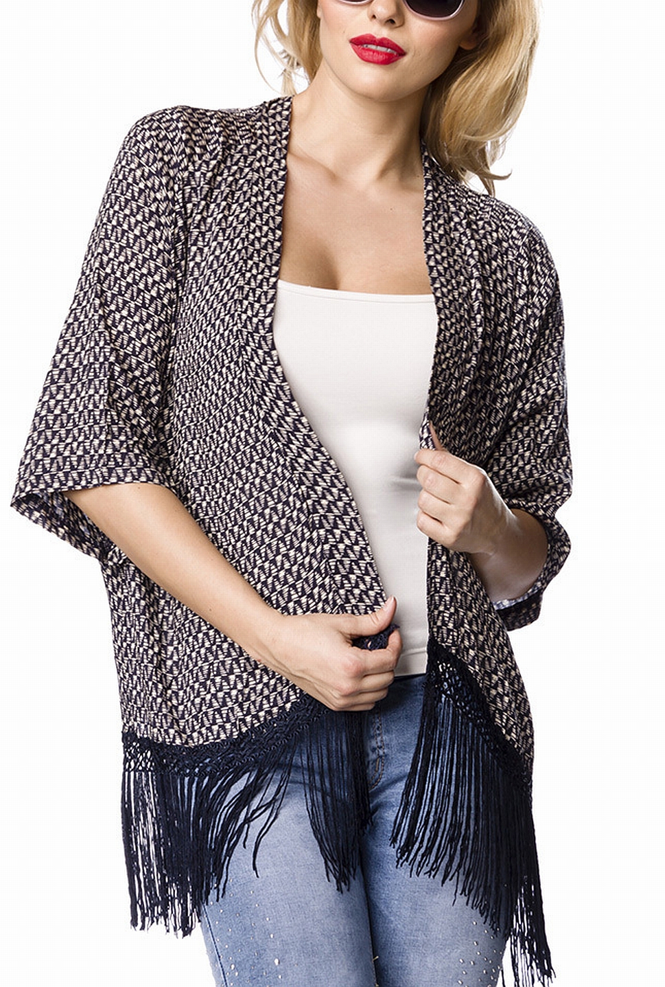 Blaues kurzes Damen Jäckchen mit Fransen und angeschnittenen Ärmeln Damen Cardigan