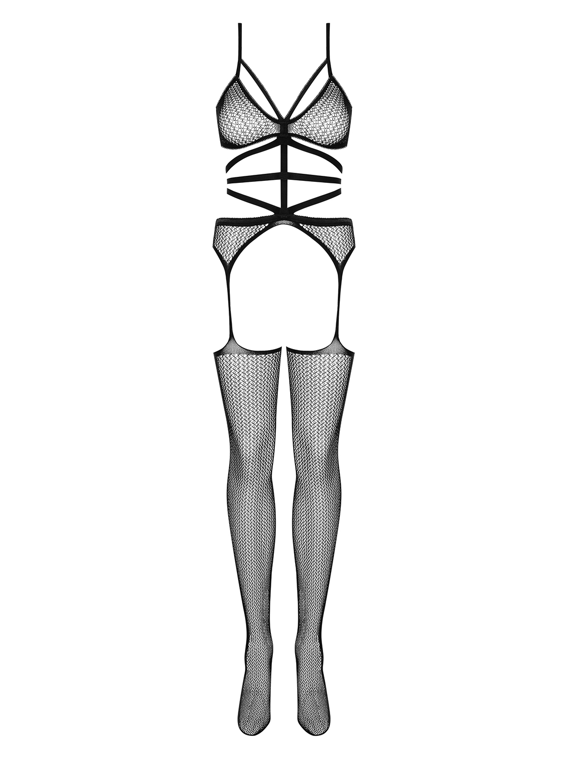 Damen Bodystocking Dessous Netz-Body transparent elastisch BH und Straps-Strümpfe ouvert OneSize S-L