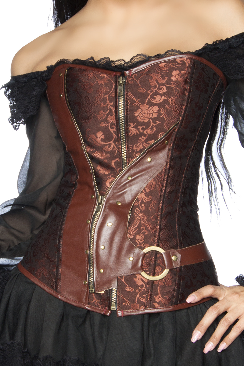 Braune Steampunk Corsage mit Frontreißverschluss und Brokatstoff inklusive String
