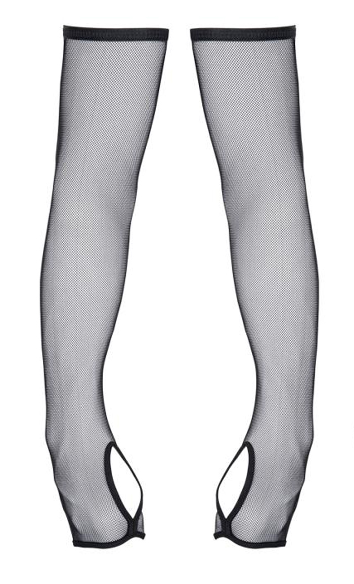 Lange schwarze Armstulpen transparent aus Netzmaterial mit Daumenloch und Haltegummi