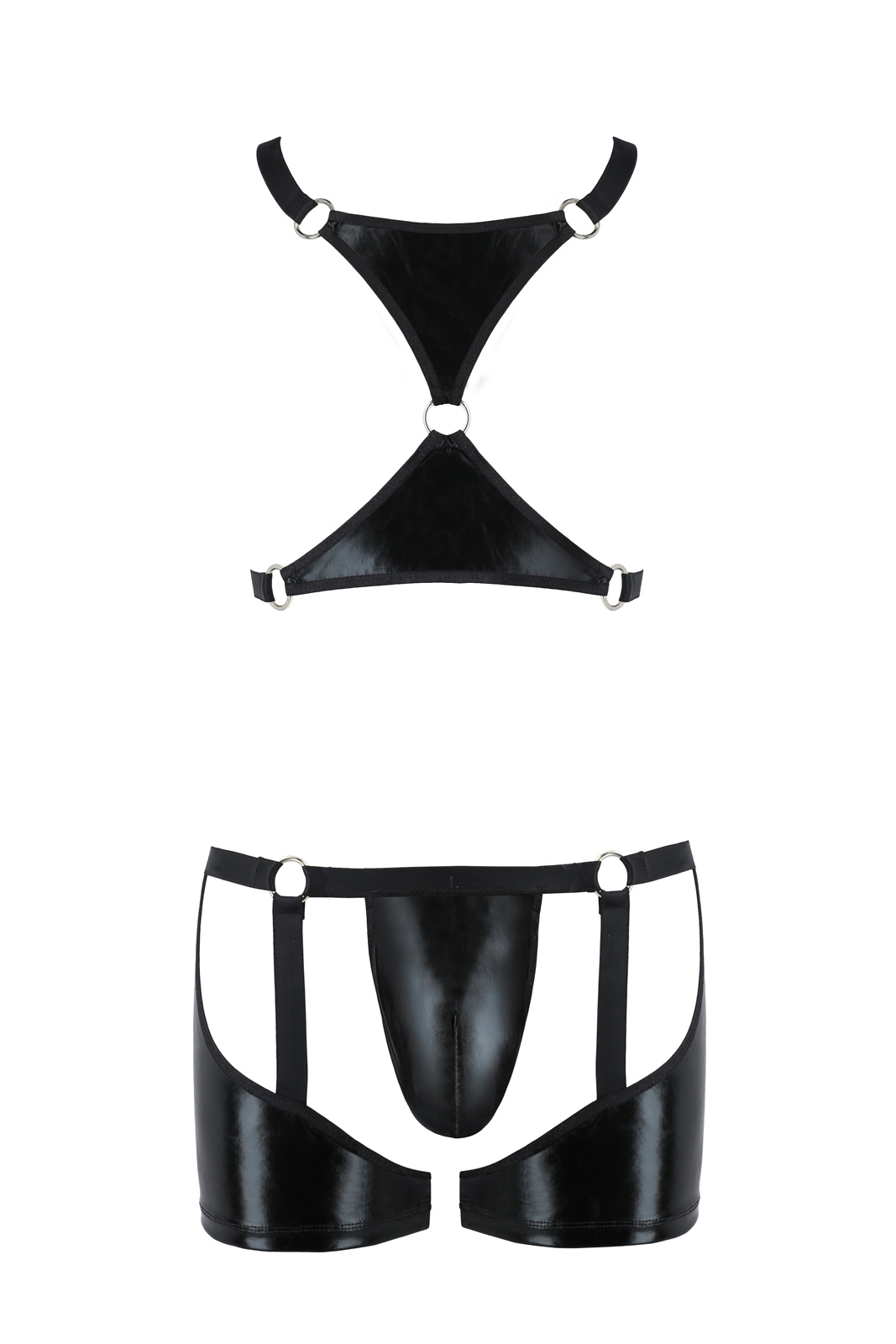 2-teilgies Herren Harness wetlook Set schwarz aus Top und Shorts ouvert elastisch Männer Dessous