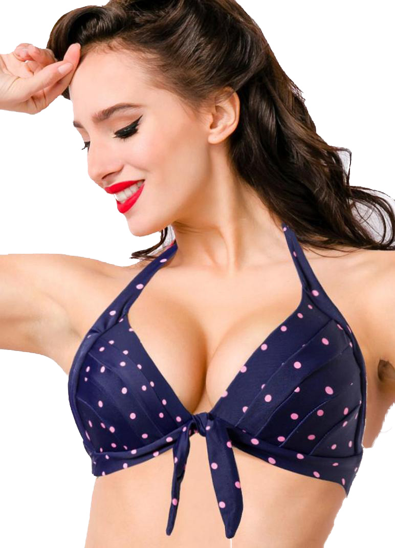 Blaues kurzes Neckholder Bikini Top mit V-Ausschnitt in Punkte Muster Retro und zum binden