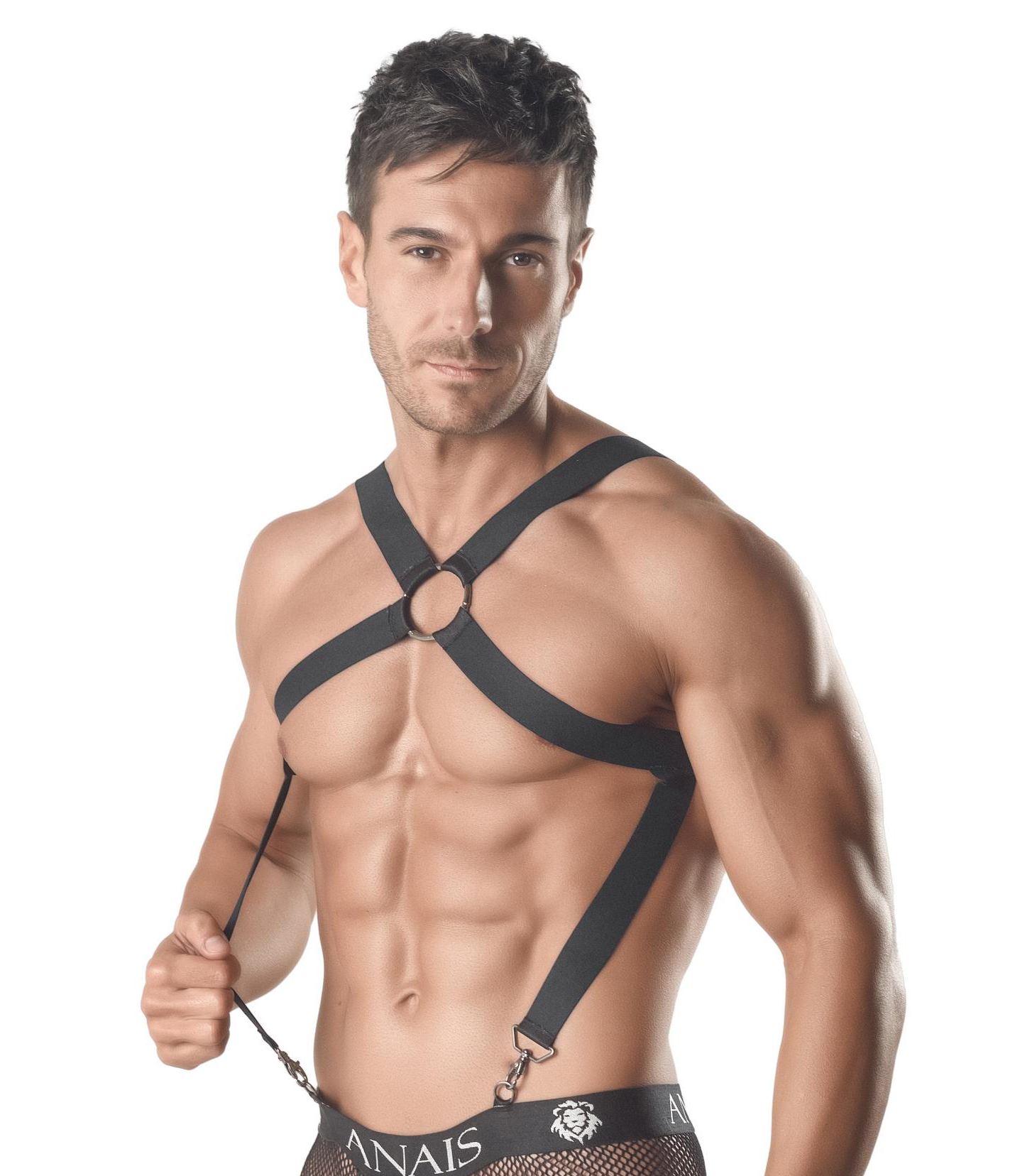 Herren Body-Harness schwarz elastisch aus Gummibändern und Metallringen
