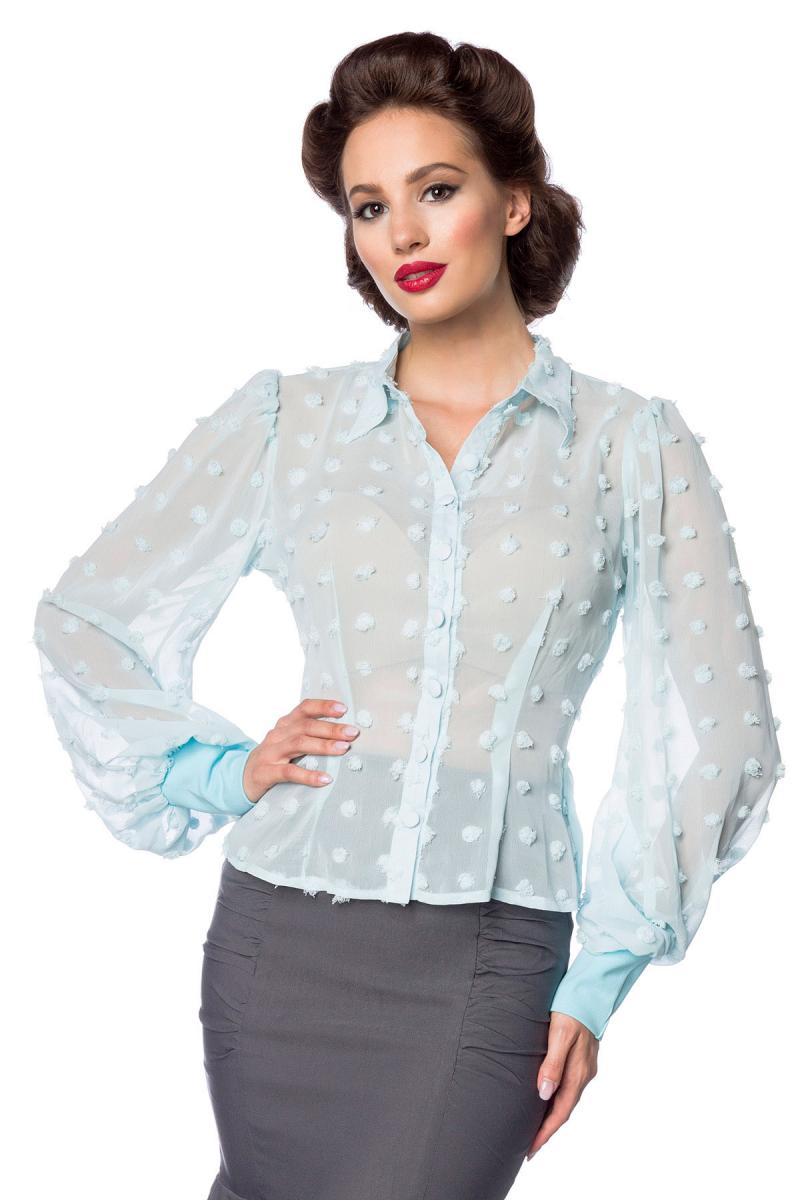 Blaue kurze Vintage-Bluse mit langen Ärmeln und Umlegekragen transparenter Netzstoff Knopfleiste