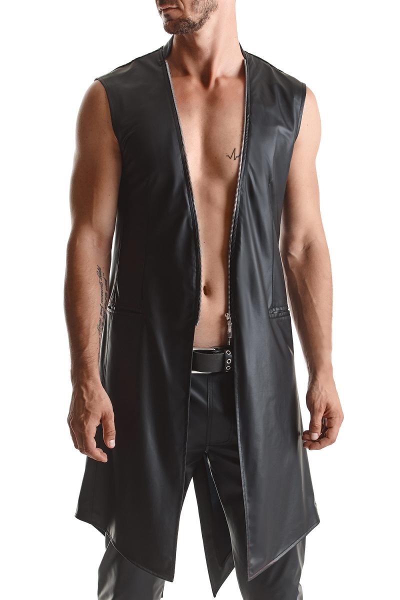Herren Mantel Weste schwarz aus schwarzem Wetlook-Material mit Reißverschluss vorn und Taschen Slim-
