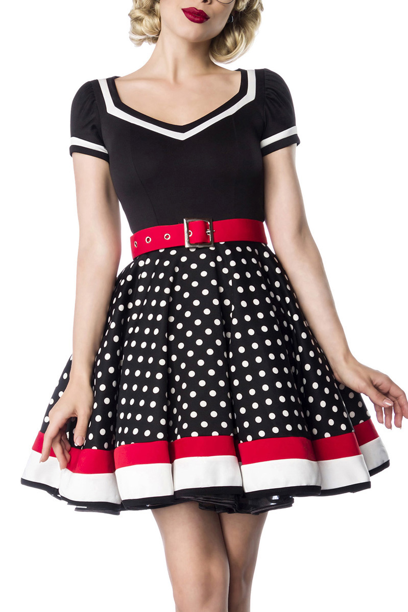 50er Jahre Damen gepunktetes Vintagekleid mit weiß schwarzen Streifen und rotem Gürtel im Marine Loo