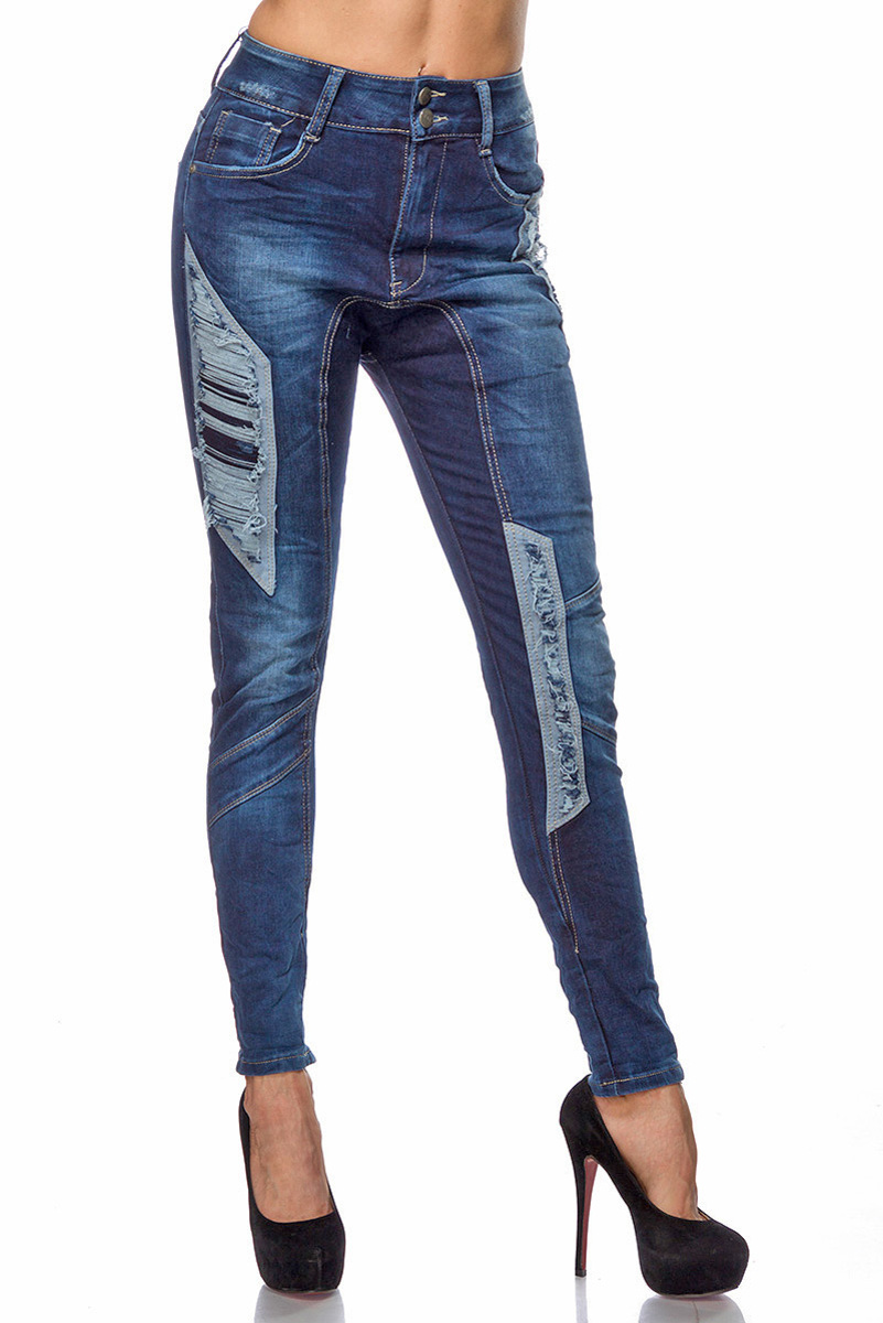 Blaue Damen Jeans mit Jeansstoff Einsätzen und Rissen Five-Pocket-Style Boyfriend Schnitt
